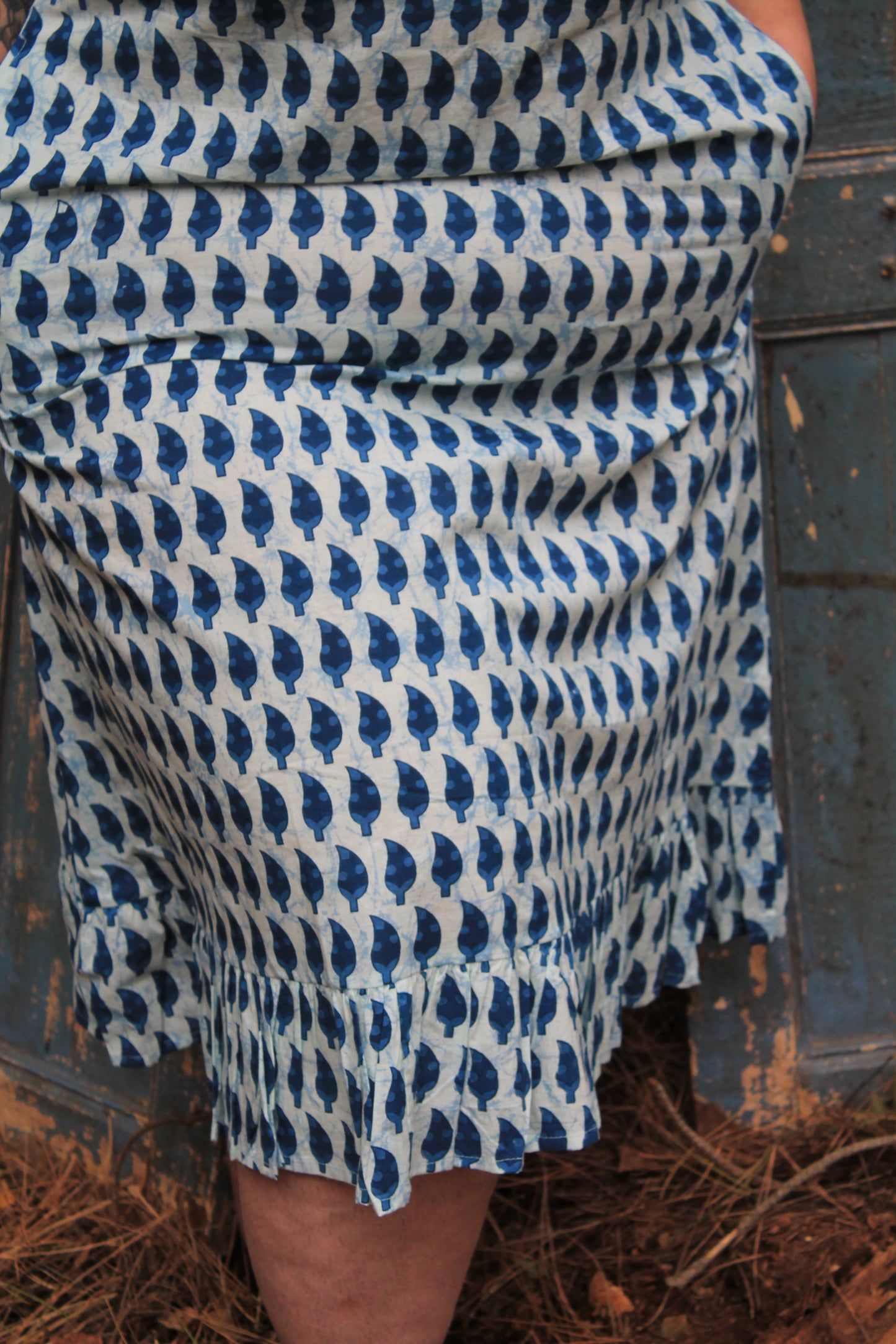 Plus size model blude indigo nightdress close up of hem detail and fabric and length