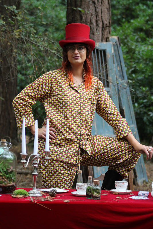 Vibrant & unique geometric red, yellow, green hand block printed pyjamas