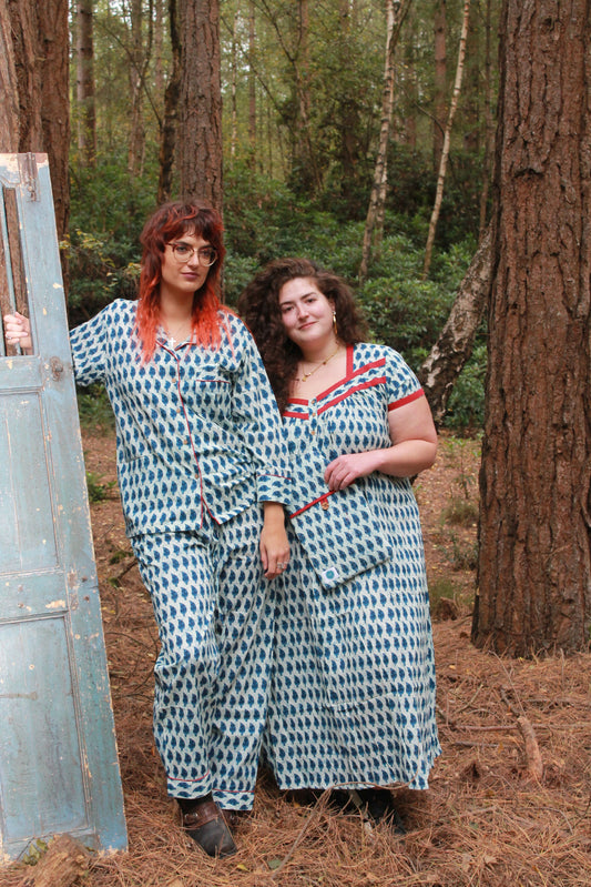 Indigo blue with red edging feature nightie with sleeves