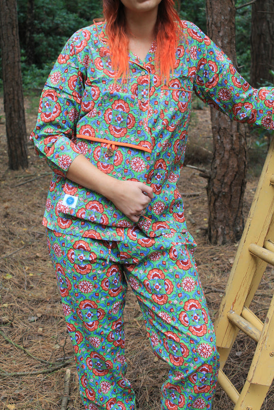 Pretty geometric orange, green, red and blue pyjamas