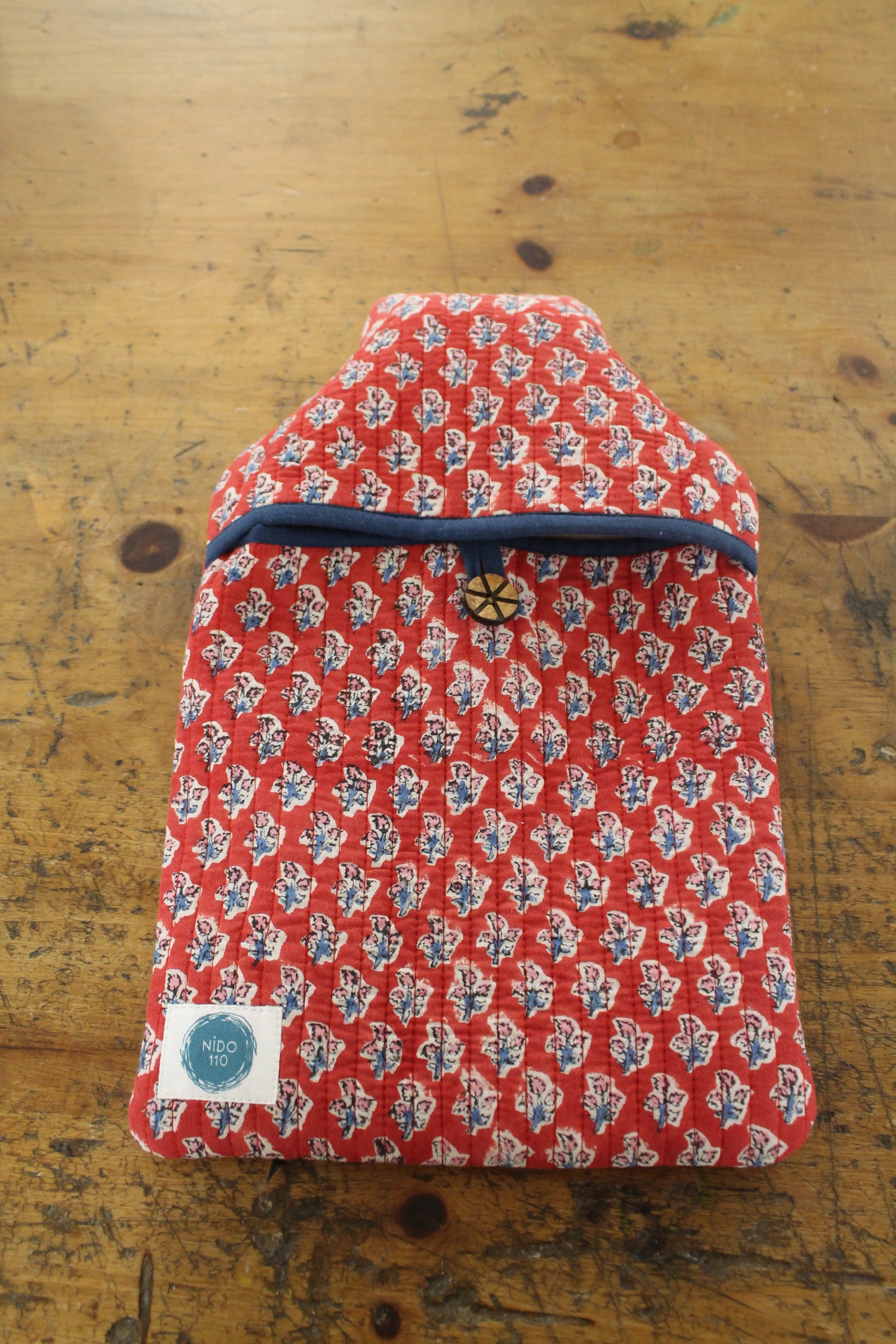 Red navy and blue hand block printed water bottle with 2l bottle inside