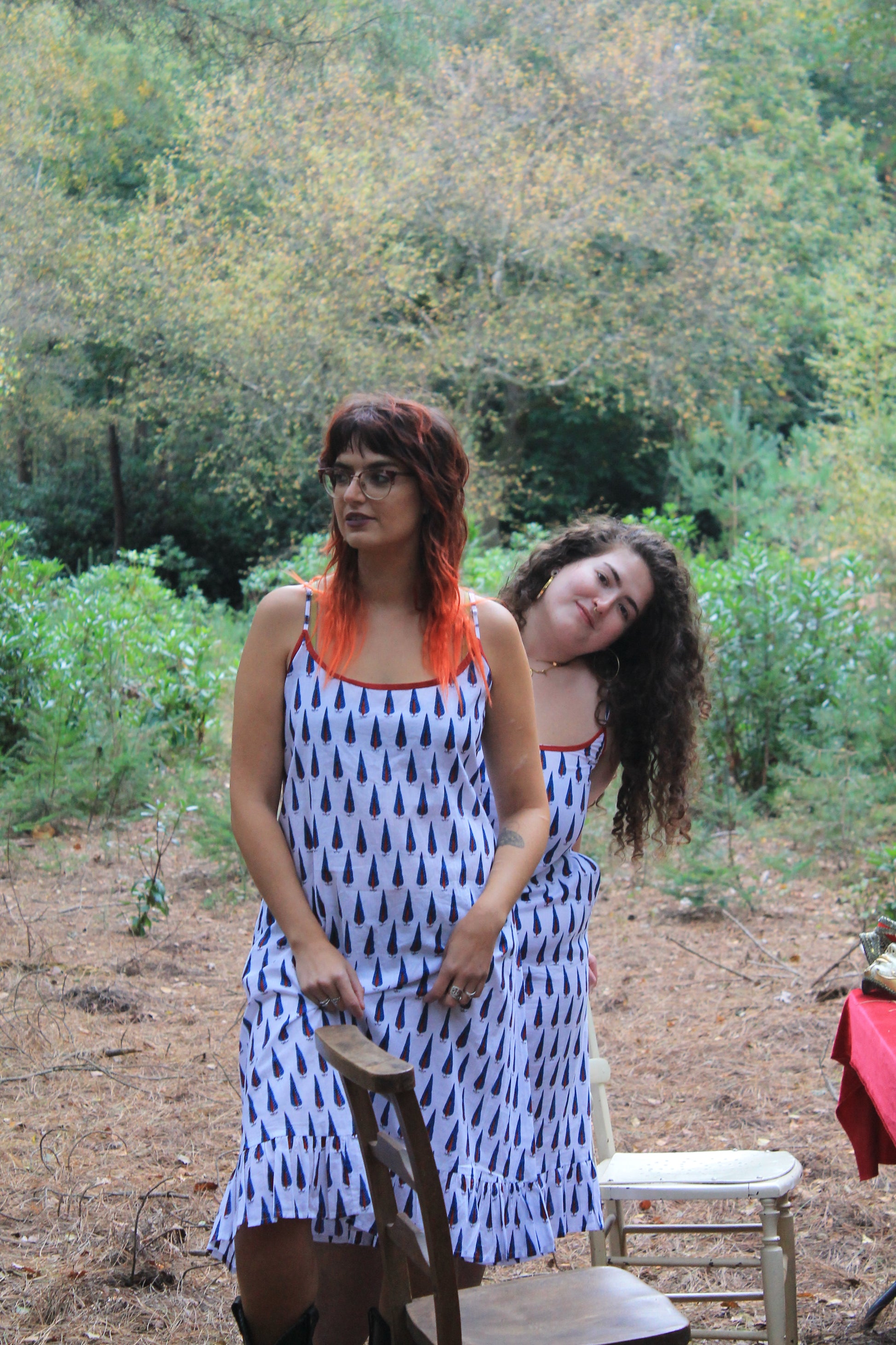 Two models wearing white spaghetti adjustable strap nightdress 100% cotton hand block printed